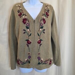 Classic Elements Petite Floral Embroidered Zip Up Cardigan Sweater